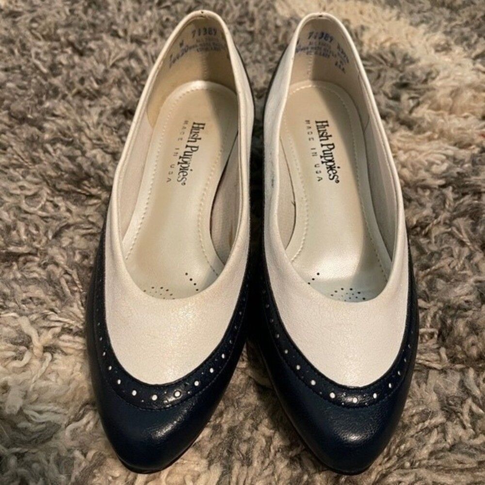 Vintage HUSH PUPPIES SOFT FLEX MADE IN 🇺🇸 NAVY BLUE BONE WHITE HEEL Size 7 - Picture 16 of 16